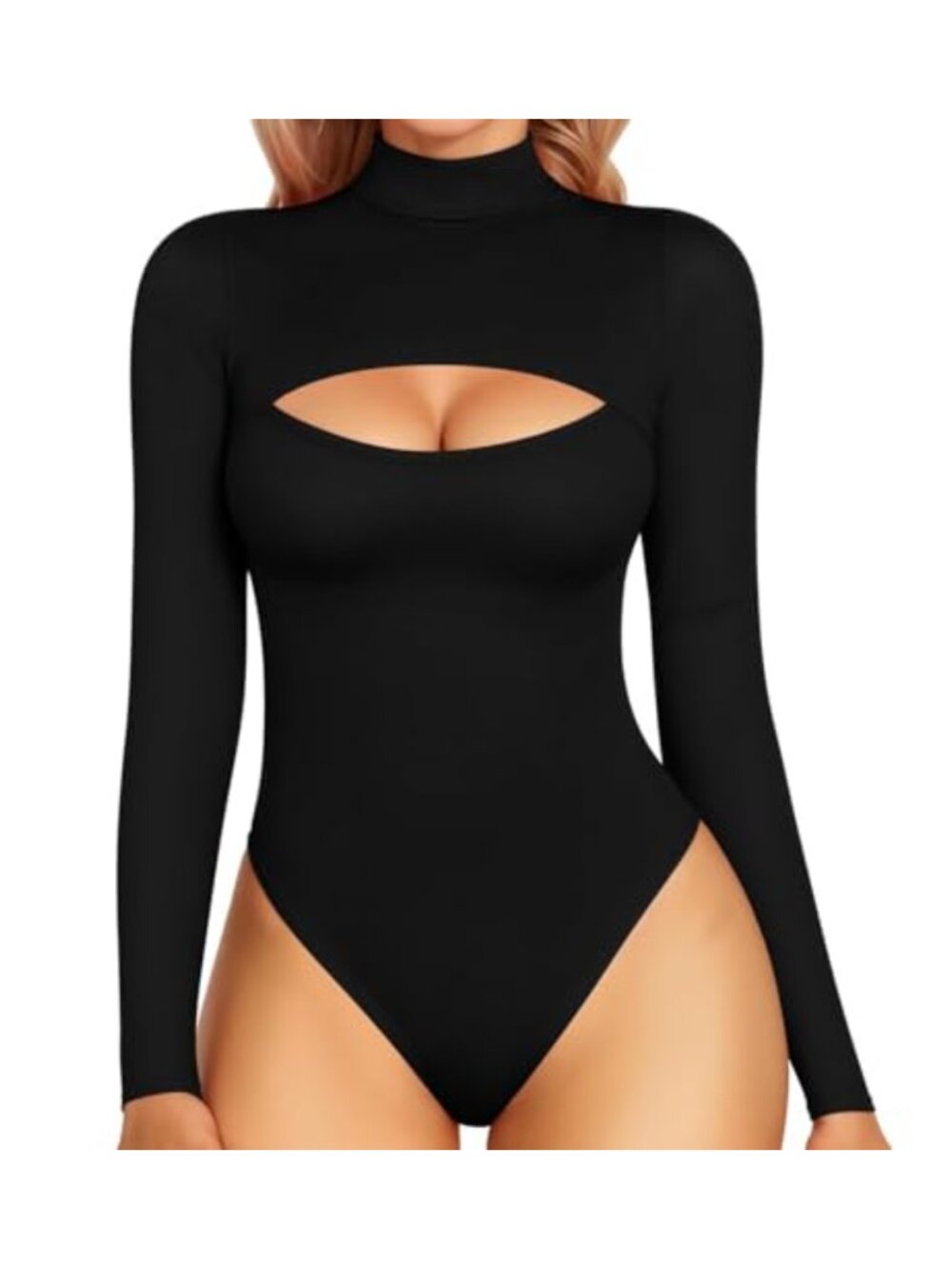 Women Long Sleeve Turtleneck Cutout Bodysuit Fitted One Piece Leotard Top
